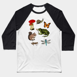 Forrest Creatures Cute Woodland Animals Nature Hiking Frog Squirrel Mushroom Butterfly Dragonfly Cricket Snail Baseball T-Shirt